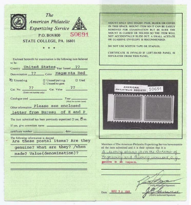 TD97 Var. Scarce Carmine Test / Dummy Error Imperf Horiz. Pair W/Cert. Mint LH