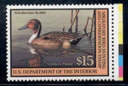 US Stamp #RW68 MNH - Northern Pintail Drake on a Pond U.S. Duck Stamp w/ Clr Bar