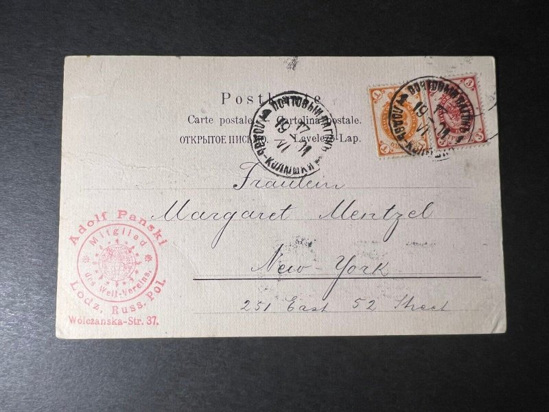 1911 Russia Postcard Cover Lodz to New York NY USA Adolf Panski Russ Poland