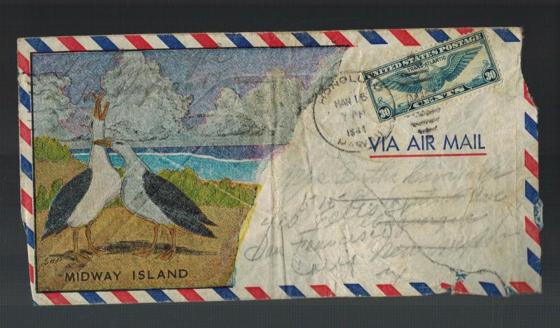 1941 USA Gooney Bird Cachet Midway Island Pacific to San Francisco CA