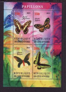 Ivory Coast-unused NH sheet of 4-Insects-Butterflies-2013