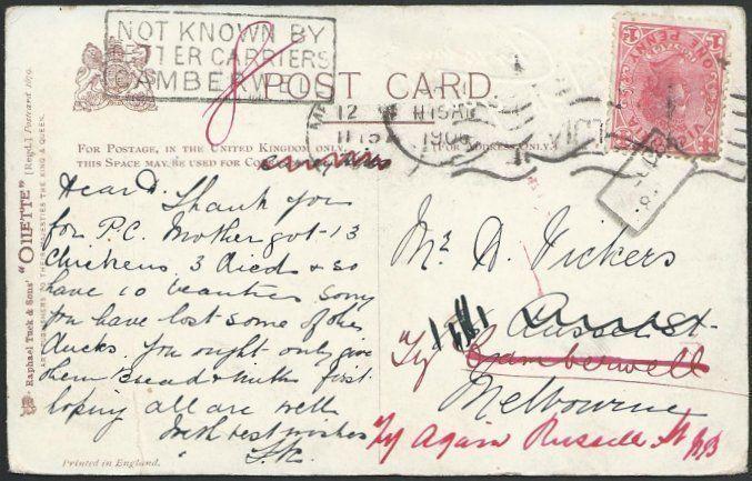 VICTORIA 1906 postcard NOT KNOWN BY LETTER CARRIER CAMBERWELL..............63730