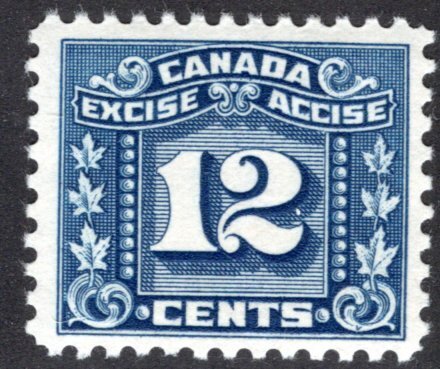 van Dam FX72, 12c blue, MNG, Three Leaf Excise Tax, Canada Federal Excise