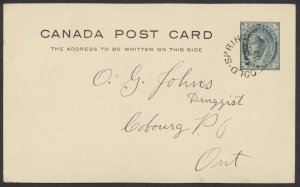 1901 Cold Springs ONT Split Ring Postmark On 1c Victoria Leaf PSC to Cobourg