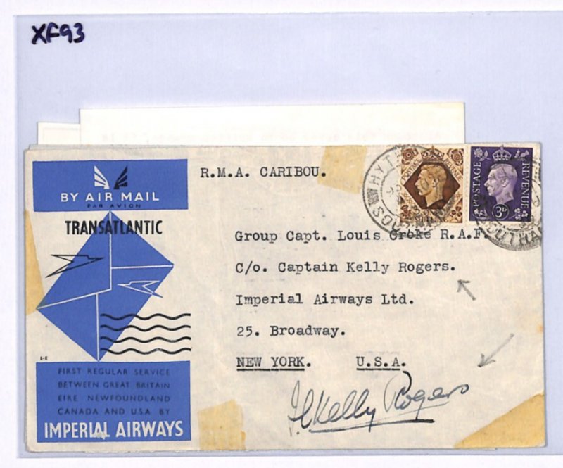 GB/USA Cover IMPERIAL FIRST FLIGHT *Kelly Rogers* SIGNED Pilot 1939 Airmail XF93