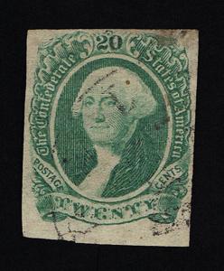 GENUINE CONFEDERATE CSA SCOTT #13 USED GREEN 20¢ ARCHER & DALY 1863 ENGRAVED