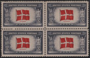 SC#920 5¢ Overrun Countries: Denmark Block of Four (1943) MHR/Toned Gum