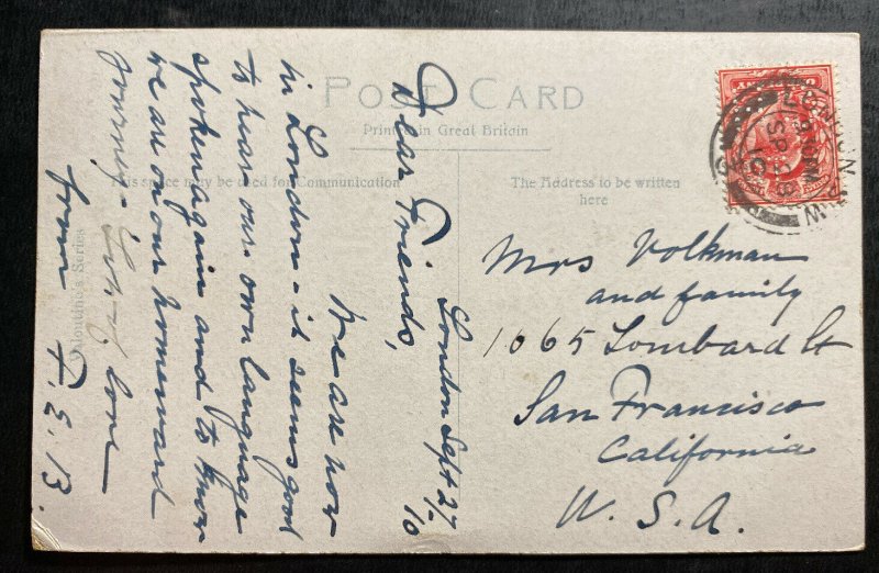 1910 London England Picture Postcard Cover Perfin Stamp To San Francisco CA USA