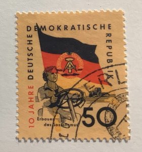 Germany DDR 1959 Scott 462 used - 50pf,  DDR' 10th Anniv, Flag & Traktor...