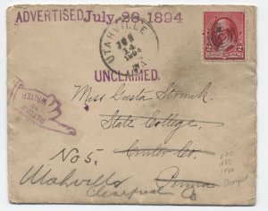 1894 Utahville Pa 2ct sm bn unclaimed advertising pointing hand cover [s.5497]