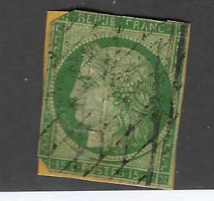 France Sc#2 Used on paper Fine w/corner flaws SCV$900.00...Valuable!