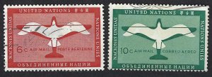 United Nations #C1-C2 6¢ & 10¢ Airmail(1951). Used. Paper on C1 is thin.