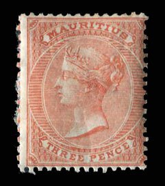 Mauritius #34 (SG 61a) Cat£90, 1863 3p vermilion, small part original gum (h...