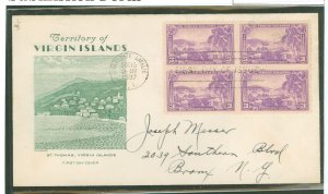 US 802 1937 3c Virgin Islands (part of the US Possession series) block of four on an addressed first day cover with a Grimsland