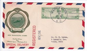 U.S.: Sc #C21 pair, 20c Trans-Pacific FDC Rice Cachet, Registered, 1937 (F32605)