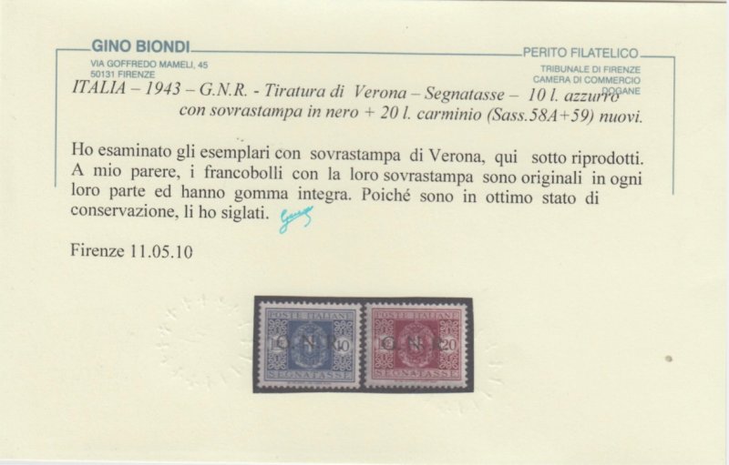 ITALY RSI (Social Republic) Tax n.58A+59 cv2200$  MNH** Certificate Biondi  R+
