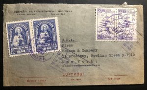 1939 La Paz Bolivia Airmail Commercial Cover To New York Usa