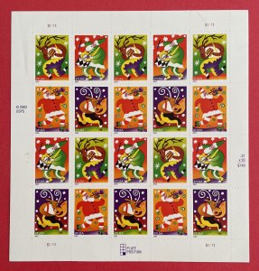 3825-3828 HOLIDAY MUSIC MAKERS Pane of 20 US 37¢ Stamps 2003 NH, Selvage Flaws