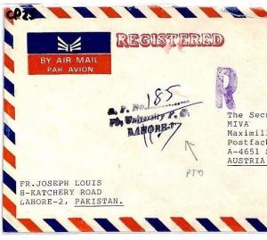 Pakistan Cover Registered *UNIVERSITY POST OFFICE LAHORE* Air Cover MIVA CP25