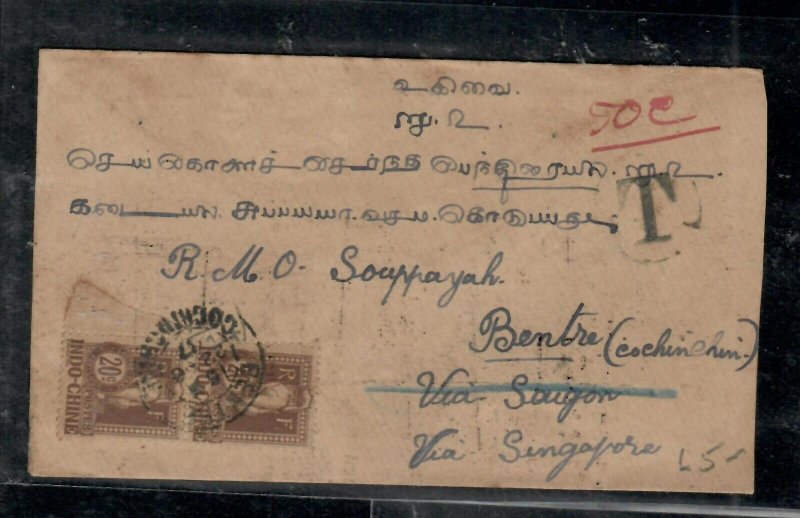 INDOCHINA (P1211B)  INCOMING POSTAGE DUE COVER FROM INDIA  20C +10C     #7 