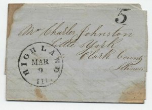 1853 Highland IL black CDS stampless folded letter unpaid 5 rate 6029.571