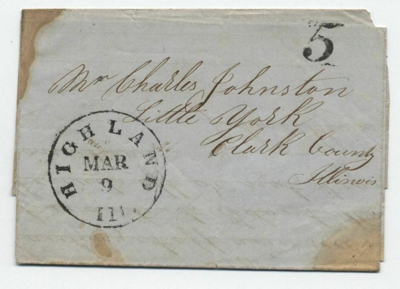 1853 Highland IL black CDS stampless folded letter unpaid 5 rate 6029.571