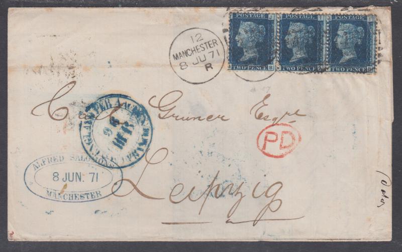 Great Britain Sc 29 (Plate 8) strip of 3 on 1871 Cover, Manchester-Leipzig