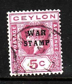 Ceylon-Sc#MR3- id7-used 5c War Tax-KGV-1918-