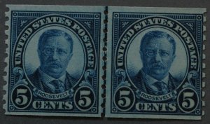 United States #602 Five Cent Roosevelt Coil Line Pair OG