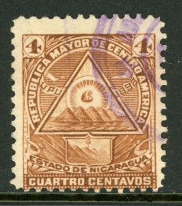 Nicaragua 1896 Seebeck 4¢ Coat of Arms Unwmk VFU B896   ⭐⭐⭐⭐⭐⭐