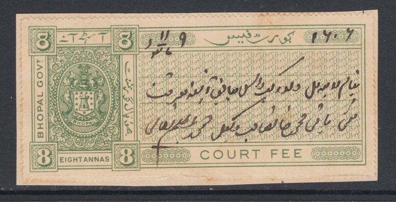 India, Bhopal, K&M 106 used. 1930 8a green COURT FEE on piece, Type 10, VF