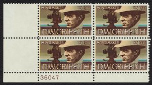 1975 DW Griffith Film Plate Block of 4 10c Postage Stamps, Sc# 1555, MNH. OG