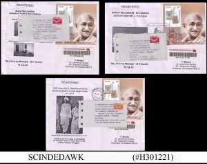 INDIA 2013 3 REGISTERED COVERS WH GANDHI BASELINE MESSAGE ON POST OFFICE RECIEPT