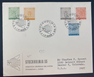 1955 Stockholm Sweden First Day Cover FDC To Denver Co USA Post office Bureau