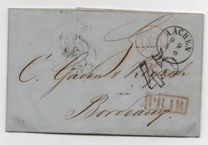 Stampless Cover Germany Aachen 1853 45 O/P PR 111 Postal History