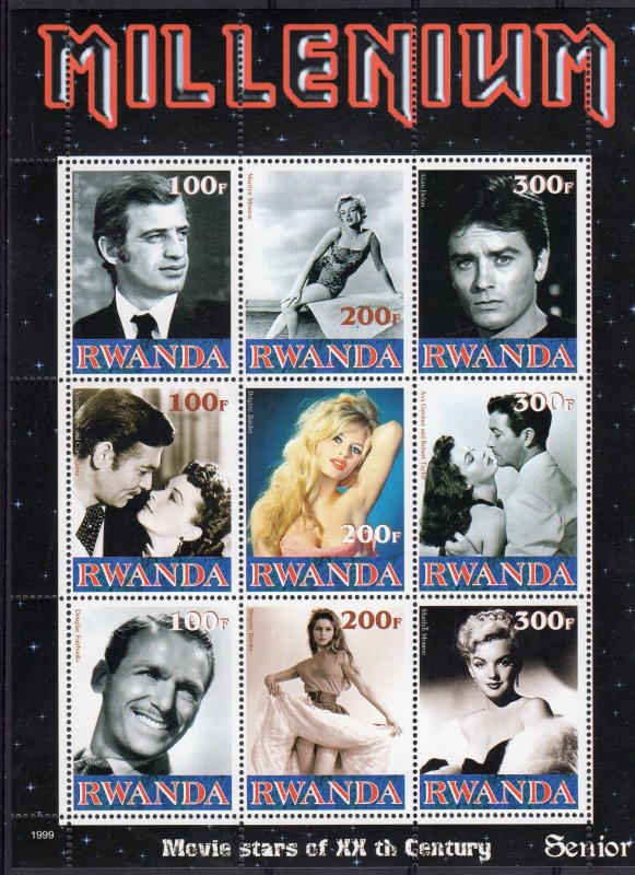 MARILYN MONROE - BRIGITTE BARDOT - DELON - BELMONDO Sheetlet (9) MNH 1999 Rwanda