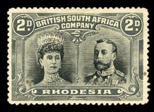 Rhodesia #103 Cat$60, 1910 2p gray and black, hinged, natural inclusion and p...