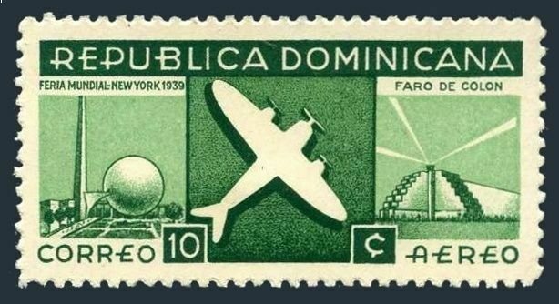 Dominican Rep C33,hinged.Michel 358. Air Post 1939.Plane,Columbus Lighthouse.