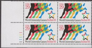 1993 World University Games Plate Block of 4 29c Postage Stamps, Sc# 2748, MNH