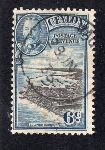 Ceylon 1935 6c blue & black Harbor, Scott 266 used, value = 40c