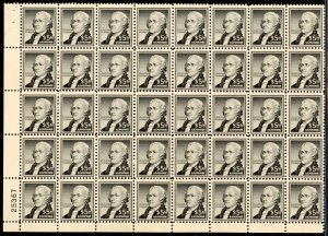 United States 1956 $5 Alexander Hamilton Sc#1053 Plate Block of 40 Mint VF OG NH