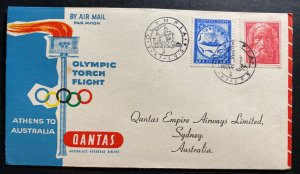 1956 Athens Greece Olympic Torch Flight Cover FDC To Sydney Australia Qantas