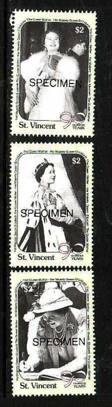 St Vincent-Sc#1332-4- id5-unused NH Specimen set-Queen Mother-90th Birthday-1990