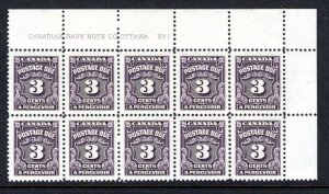 J16B, Scott, 3c, VF, UR plate block of 10, P1, 4th issue, MNHOG, Canada Postage