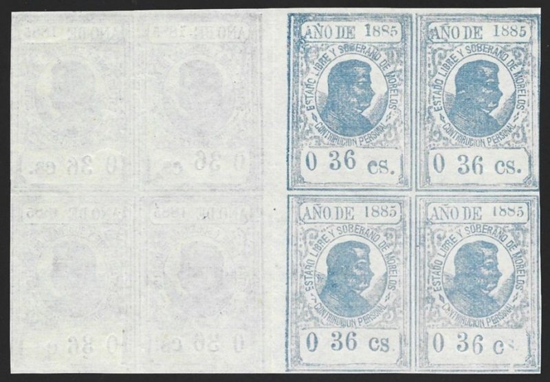Mexico Revenue 1885 State Issues Morelos 0 36cs. Block PRINTED BOTH SIDES #M300-