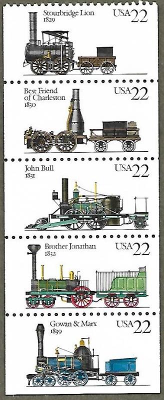 United States #2366a 22c Locomotives strip of 5 MNH (1987)