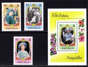 Anguilla 1985 Sc#619/622 QUEEN MOTHER 85th.BIRTHDAY Set (3) + 1 S/S MNH