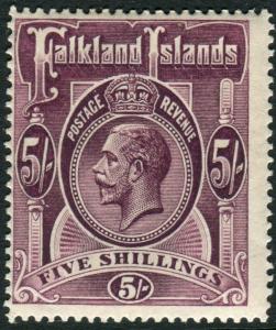 FALKLAND ISLANDS-1916 5/- Maroon.  A lightly mounted mint example Sg 67b