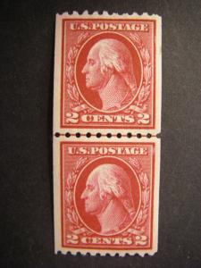 Scott 442, 2c Washington vertical coil, MNH LINE PAIR, Nice Early Coil, CV $130