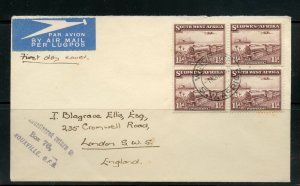 SOUTH WEST AFRICA 1 1/2d TRAIN BLOCK OF FOUR ON FIRST DAY COVER TO LONDON